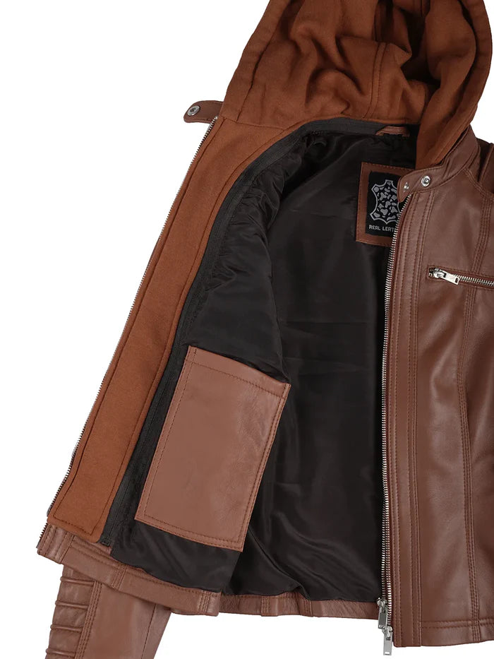 Veste en cuir à capuche marron