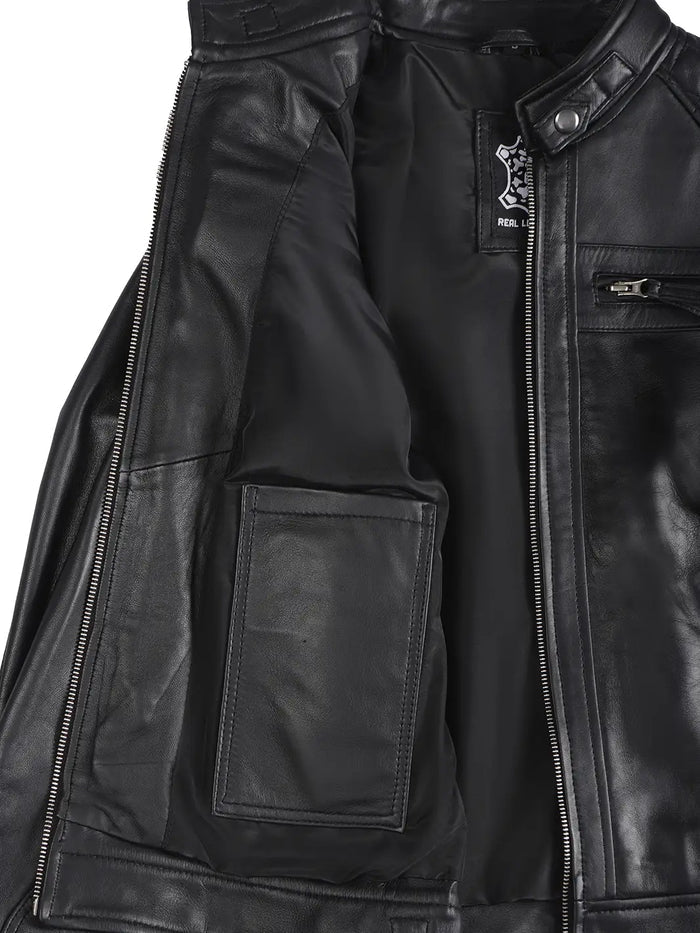 Johnson Tall - Schwarze Cafe Racer-Lederjacke für Damen
