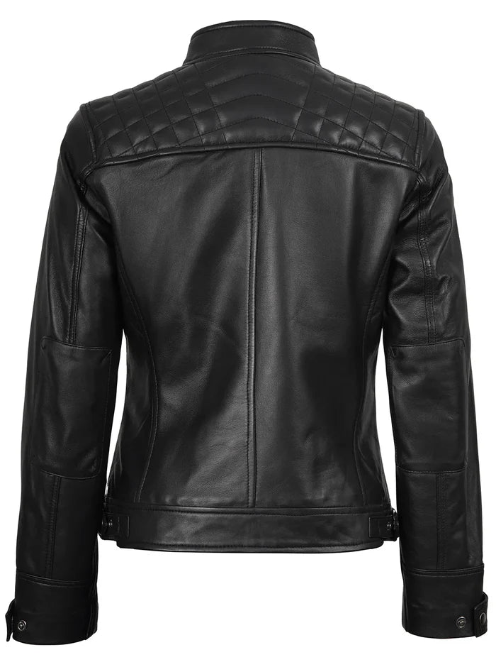 Johnson Tall - Schwarze Cafe Racer-Lederjacke für Damen