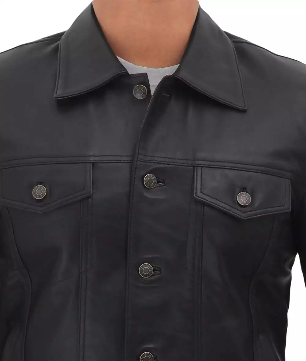 Blouson camionneur en cuir noir