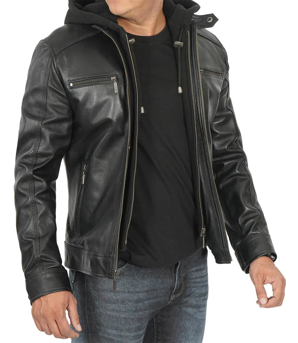 Veste en cuir d'agneau véritable noir pour homme avec capuche