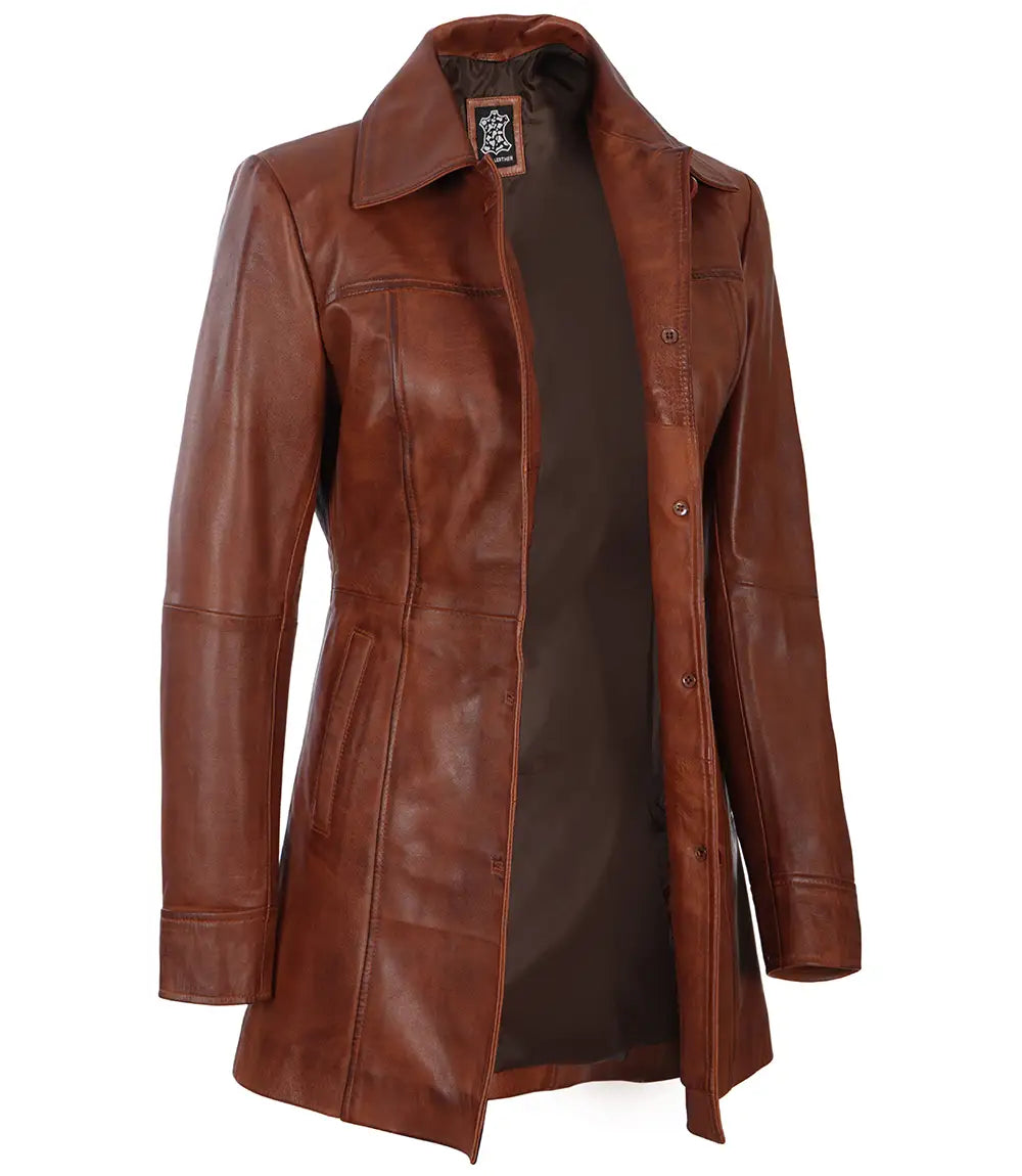 Manteau de voiture en cuir marron cognac
