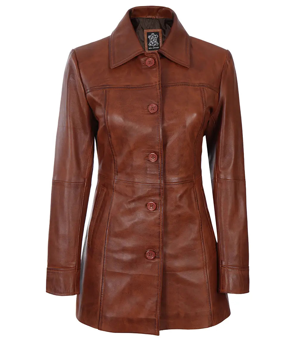 Manteau de voiture en cuir marron cognac pour femme