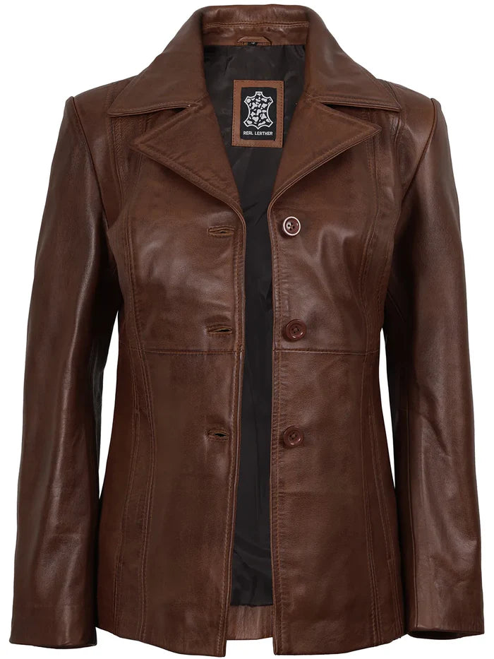 Cognac-brauner Lederblazer für Damen