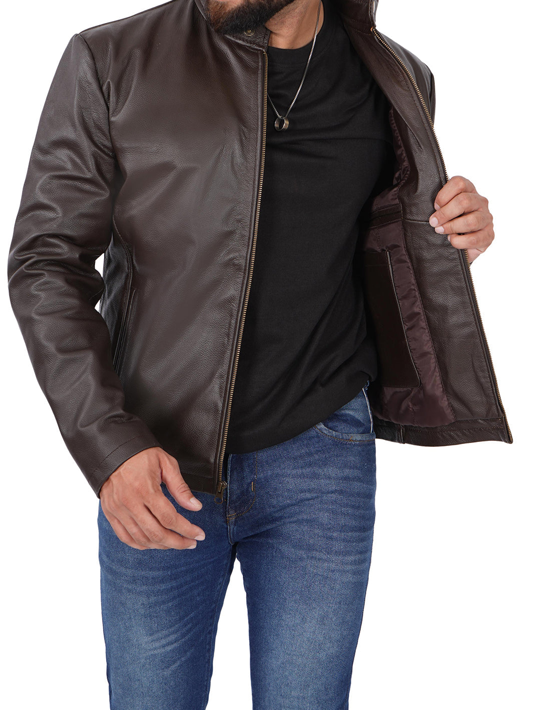 Veste Cafe Racer en cuir de vache marron foncé pour homme