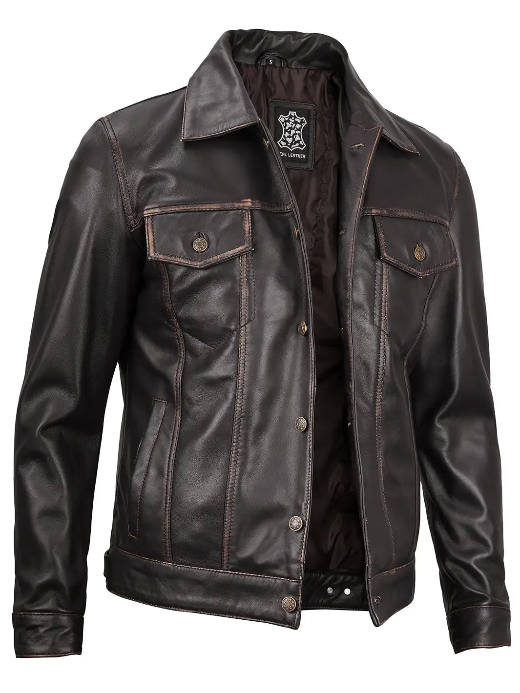 Blouson camionneur en cuir véritable marron foncé