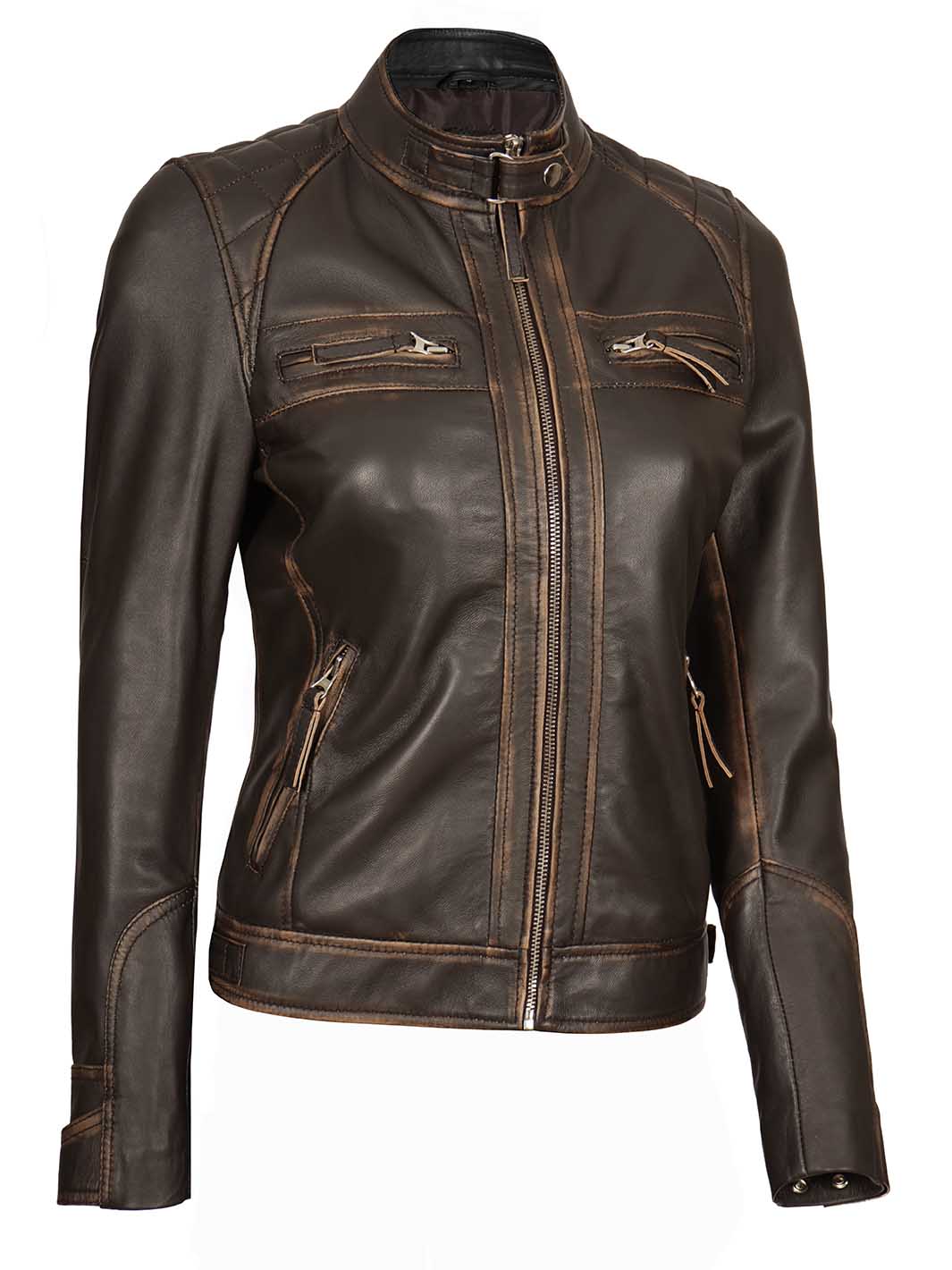 Diamond Women Rub Off Veste en cuir marron