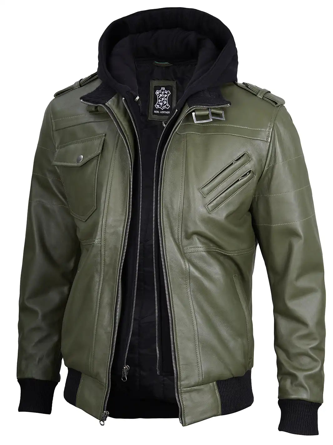 Veste en cuir à capuche verte