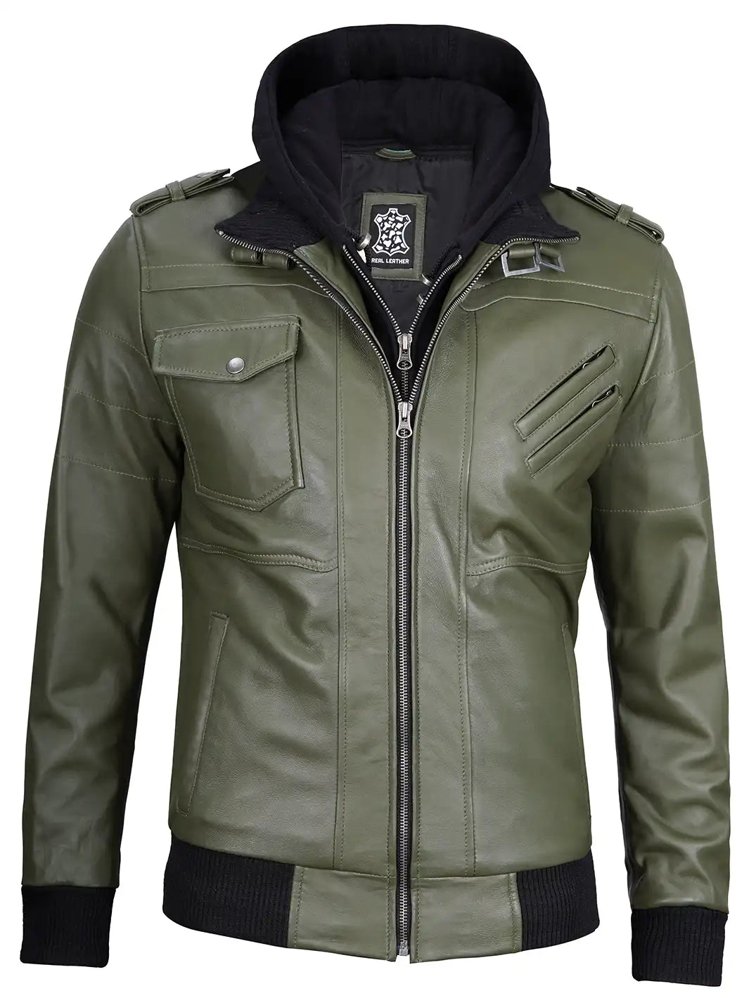 Veste en cuir vert à capuche