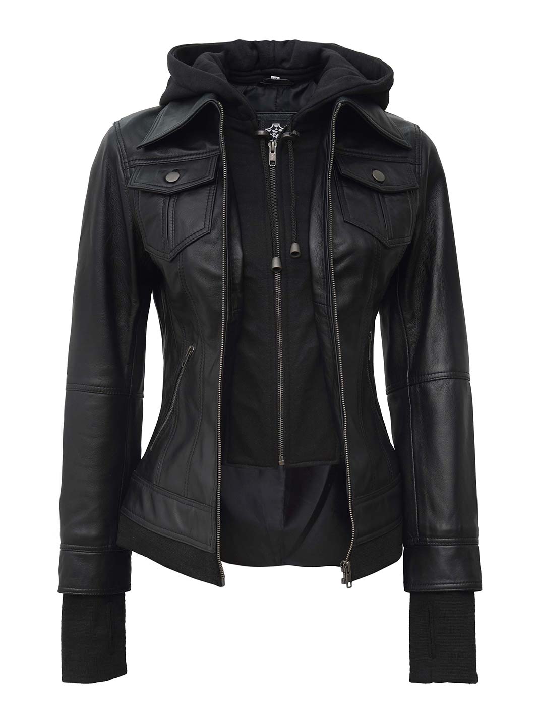veste en cuir noir avec capuche femme