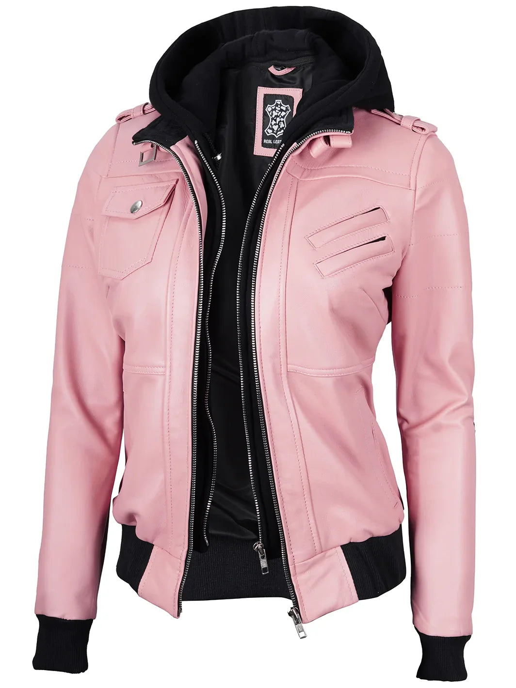 Veste cuir rose capuche femme