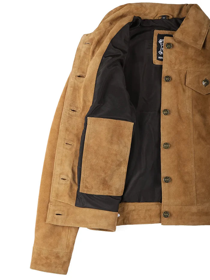 Hellbeige Trucker-Jacke aus Wildleder für Damen