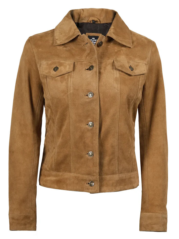 Hellbeige Trucker-Jacke aus Wildleder für Damen