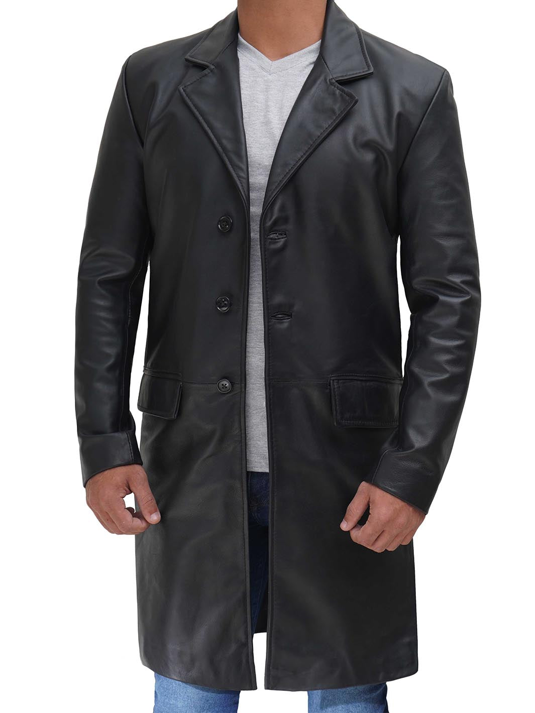 Trench long en cuir noir
