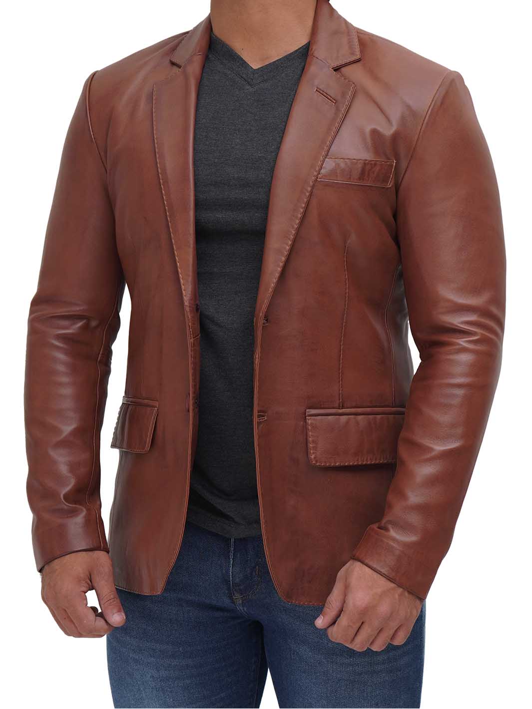 BrandonBlazer en cuir véritable marron clair pour hommes