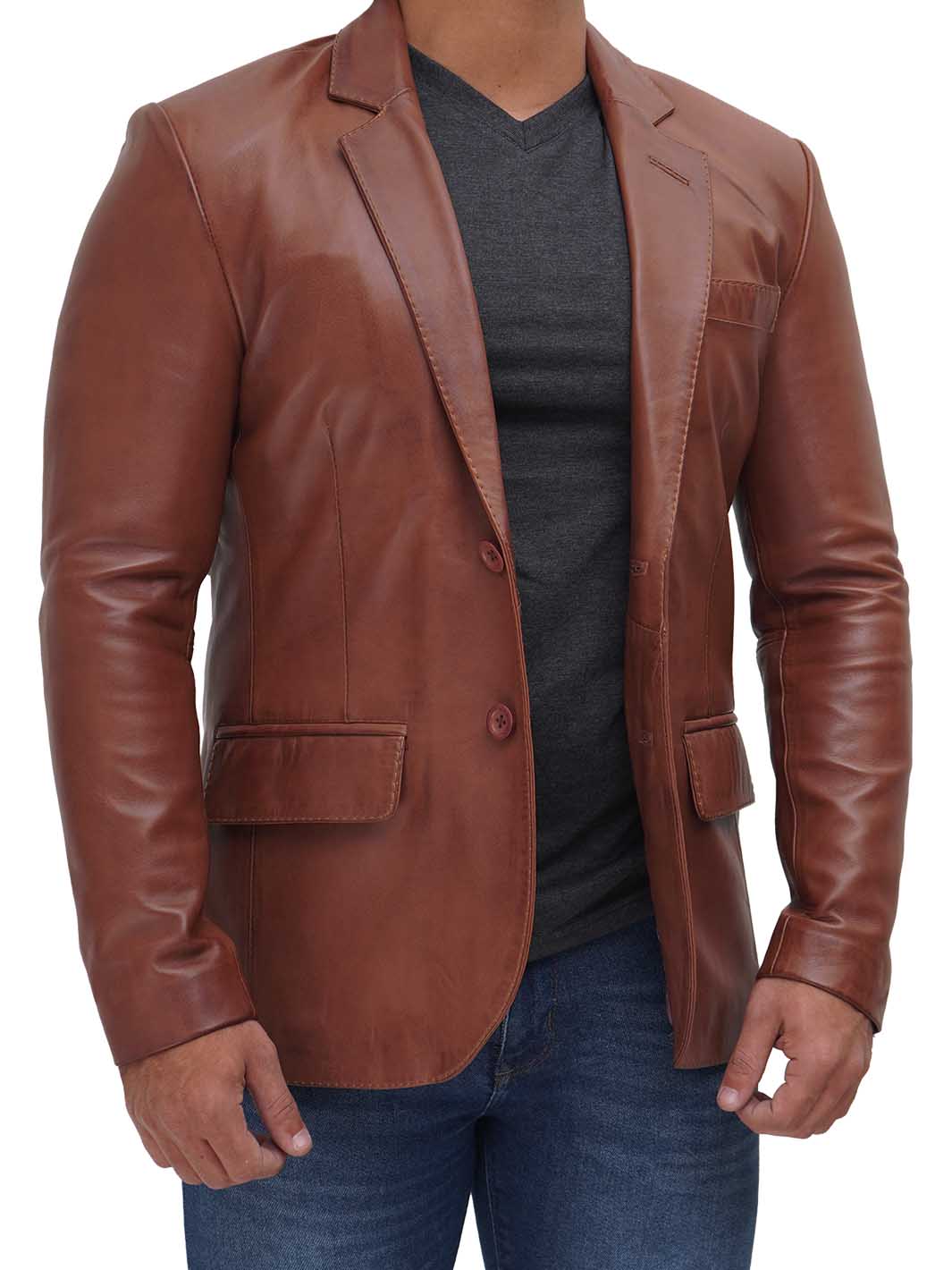 BrandonBlazer en cuir véritable marron clair pour hommes