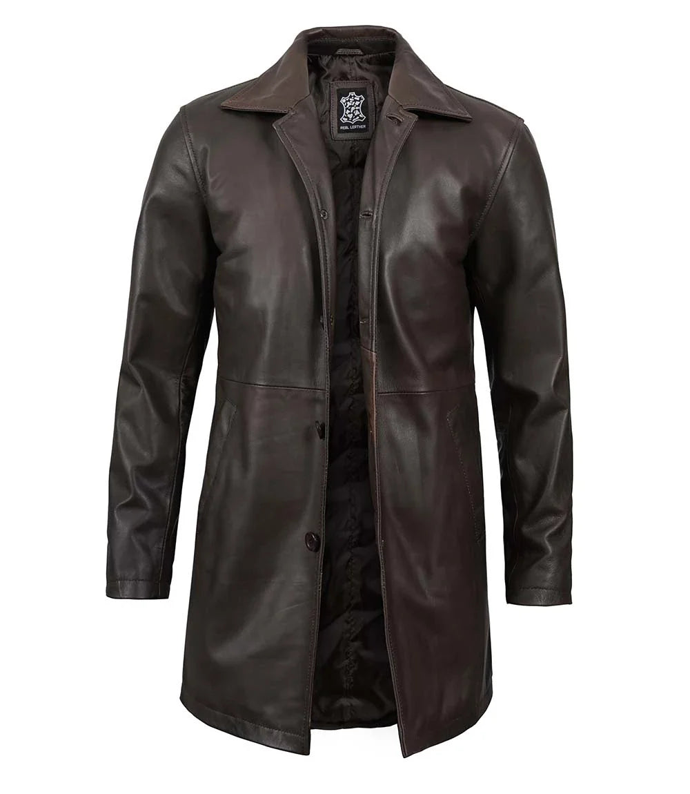 Veste en cuir marron à fermeture boutonnée pour homme