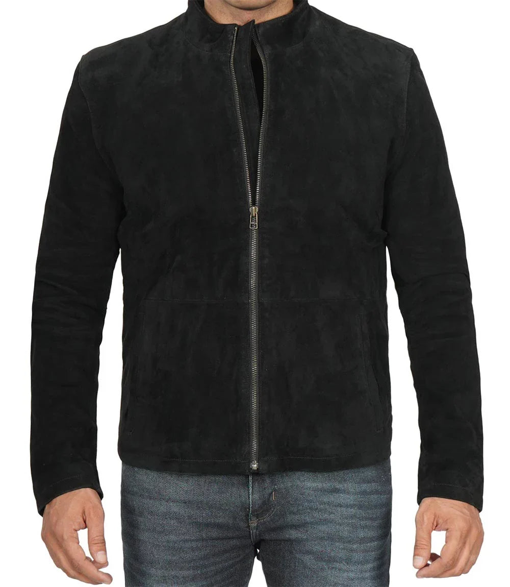 Veste en cuir noir en daim pour homme