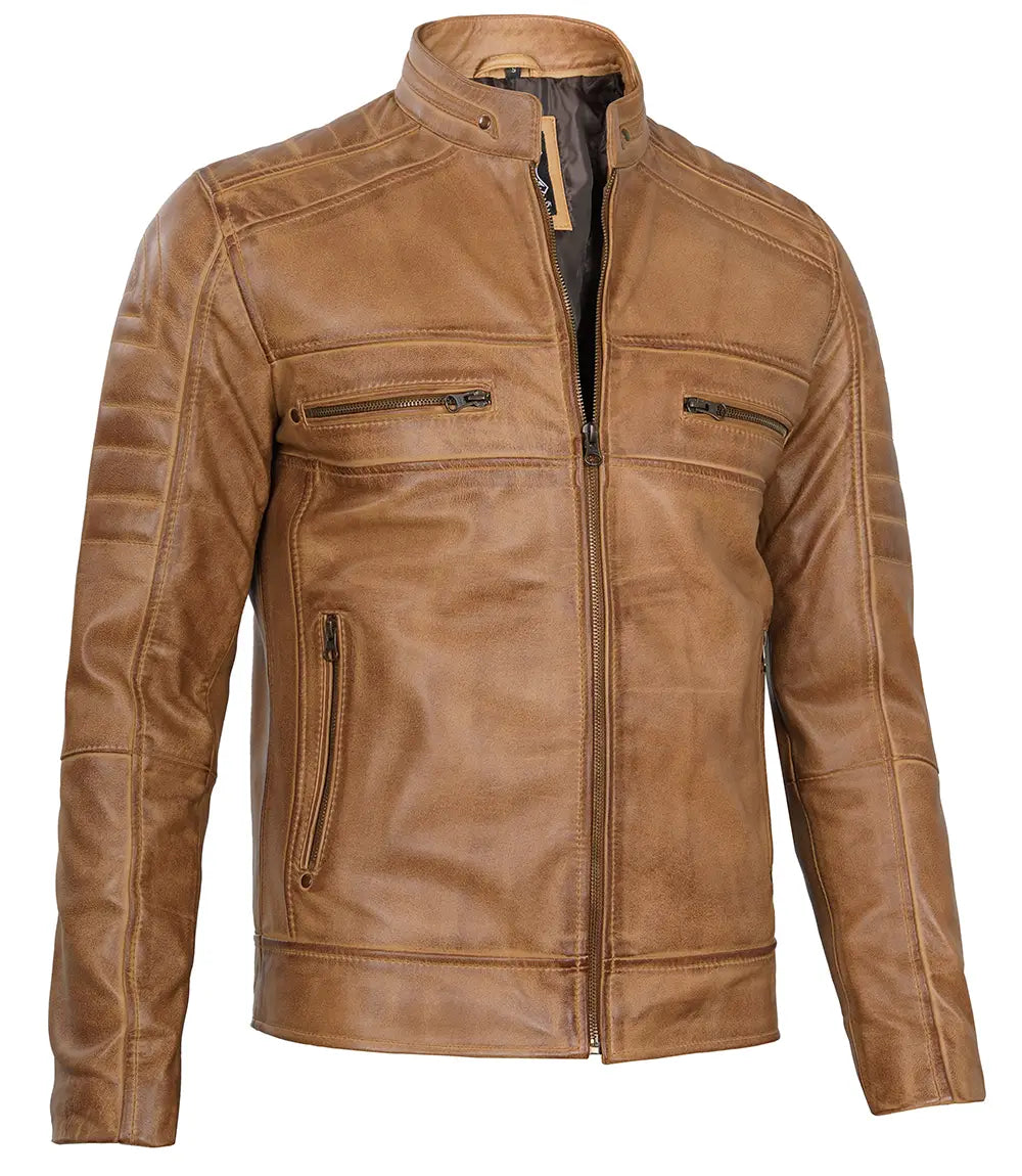 Veste en cuir véritable camel pour homme