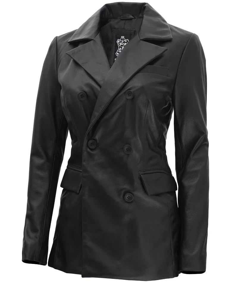 Blazer en cuir pour femme à revers cranté