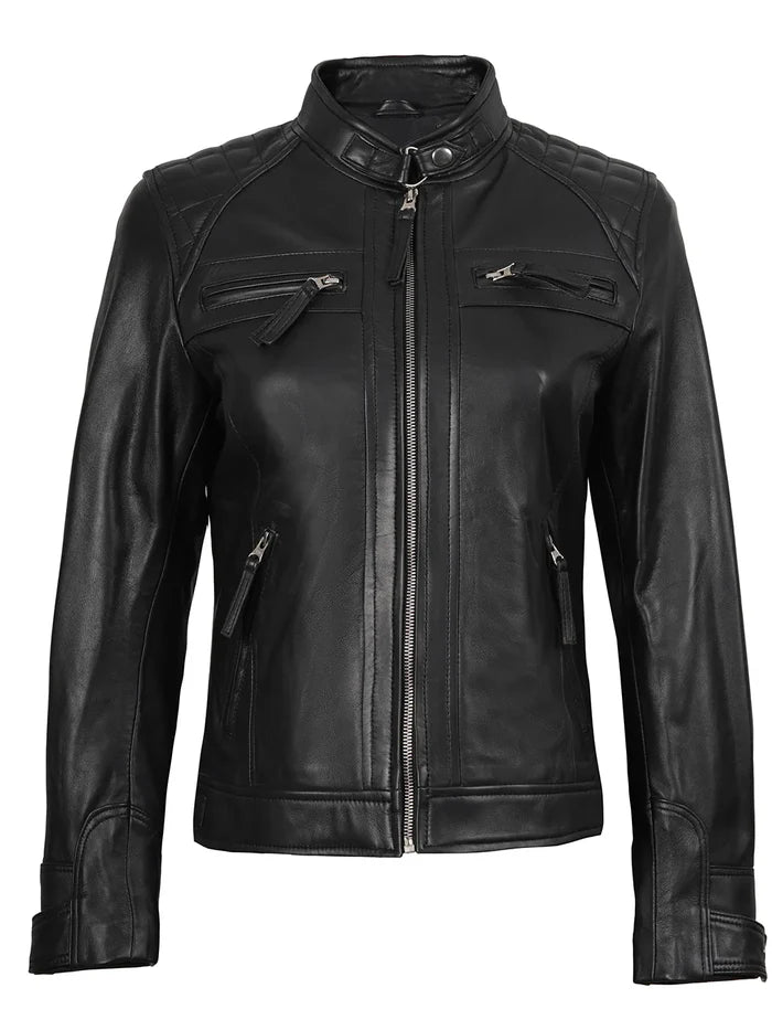 Johnson Petite Damen – Schwarze Cafe Racer-Lederjacke