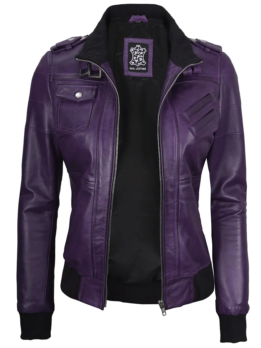Veste en cuir à capuche violette