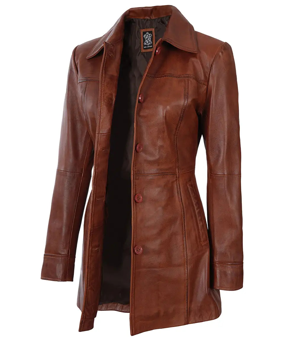Manteau de voiture en cuir cognac pour femme grande