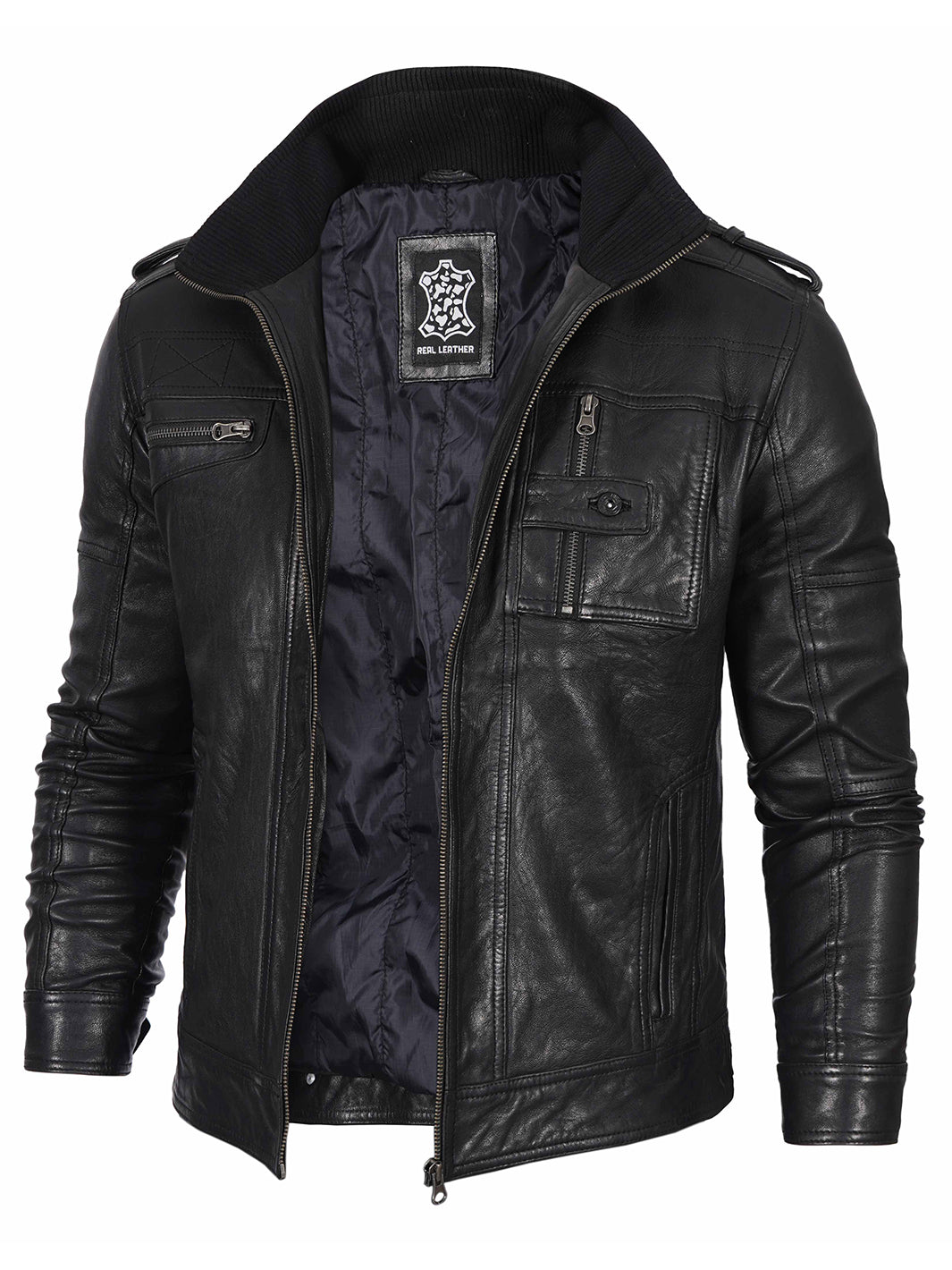 Blouson en cuir noir Cafe Racer pour homme