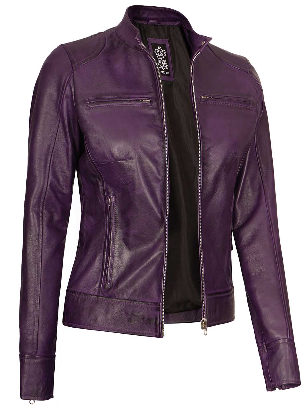 veste en cuir violet pour femme