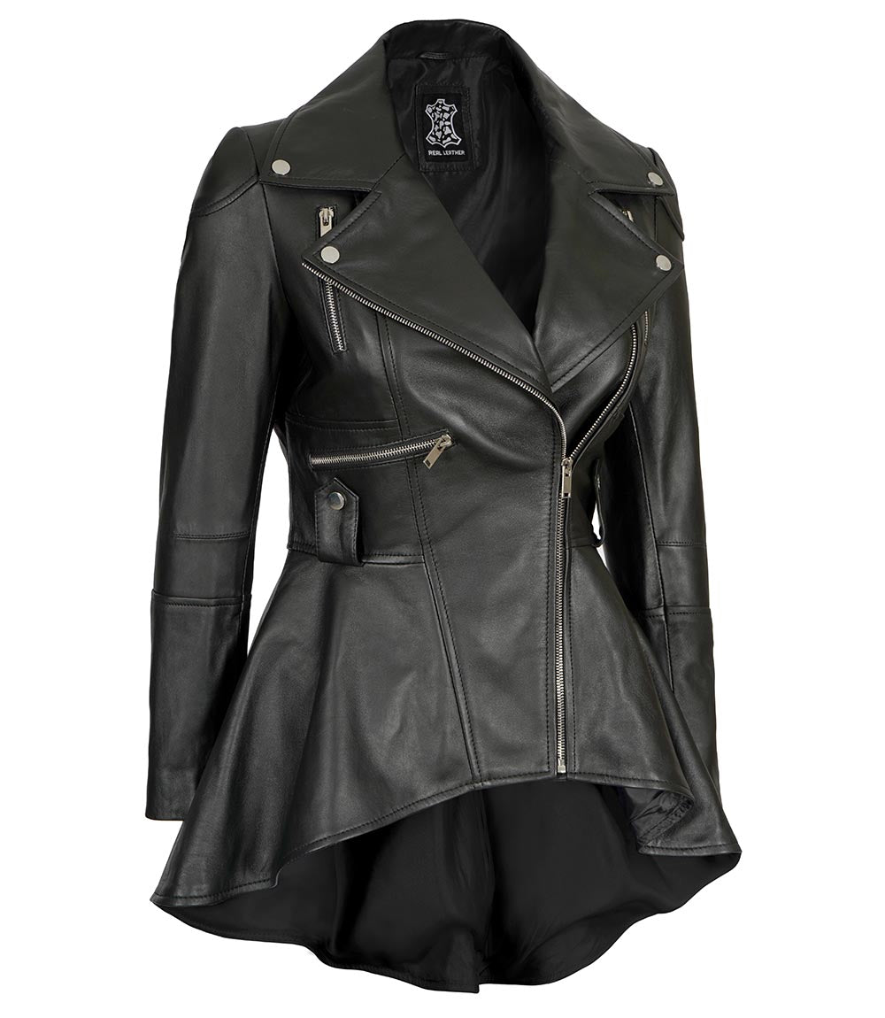 Veste en cuir de motard noir Peplum pour femme