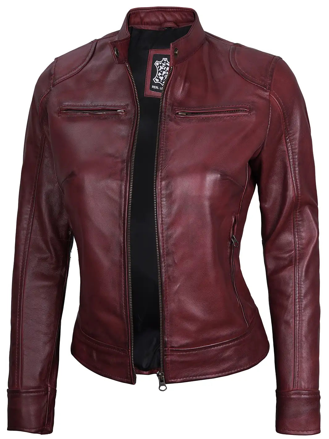 Veste en cuir marron Cafe Racer pour femme