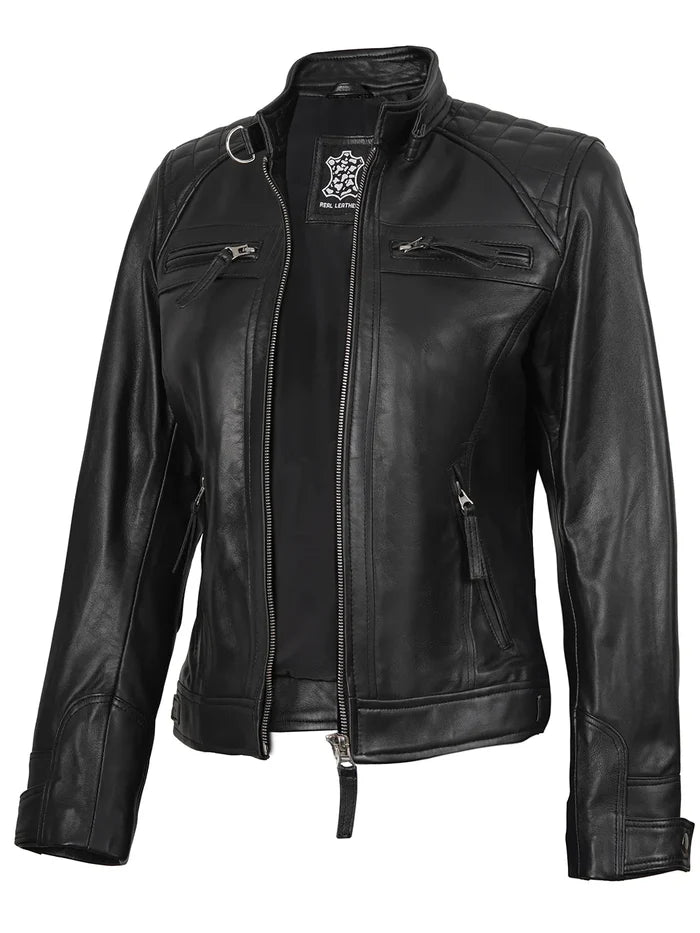 Johnson Tall - Schwarze Cafe Racer-Lederjacke für Damen