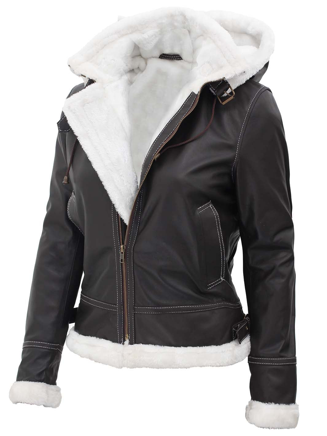 Blouson motard en cuir retourné pour femme de coloris noir