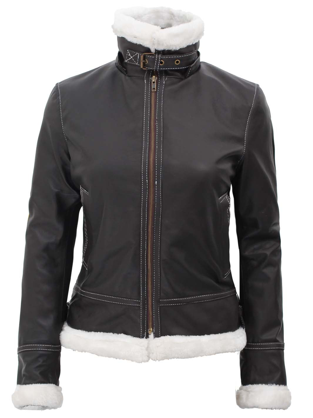 Veste en cuir peau de mouton noire pour femme