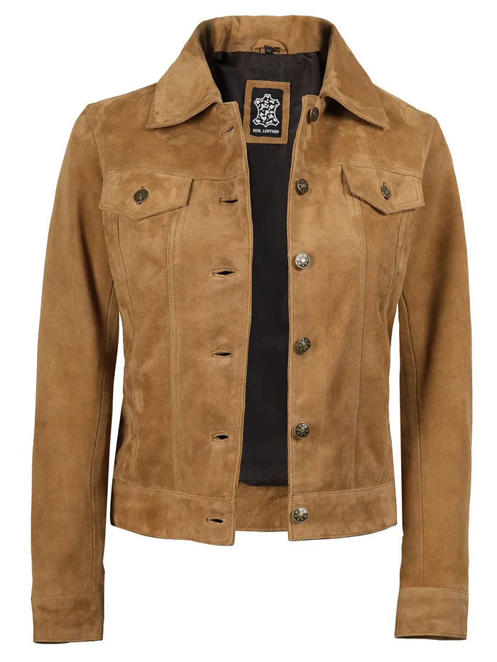 Hellbeige Trucker-Jacke aus Wildleder für Damen