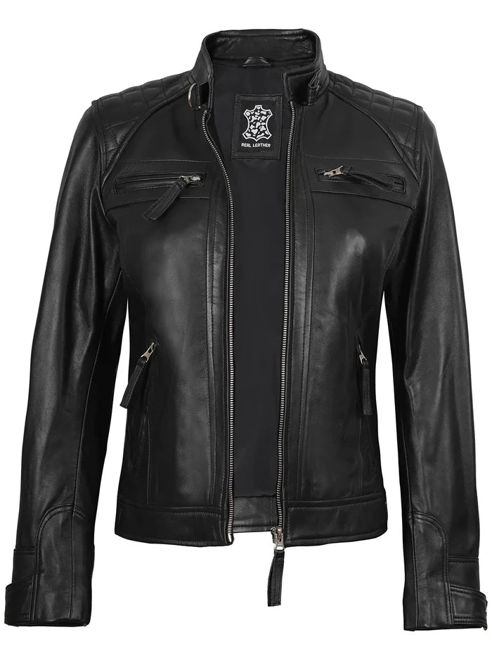 Johnson Petite Damen – Schwarze Cafe Racer-Lederjacke