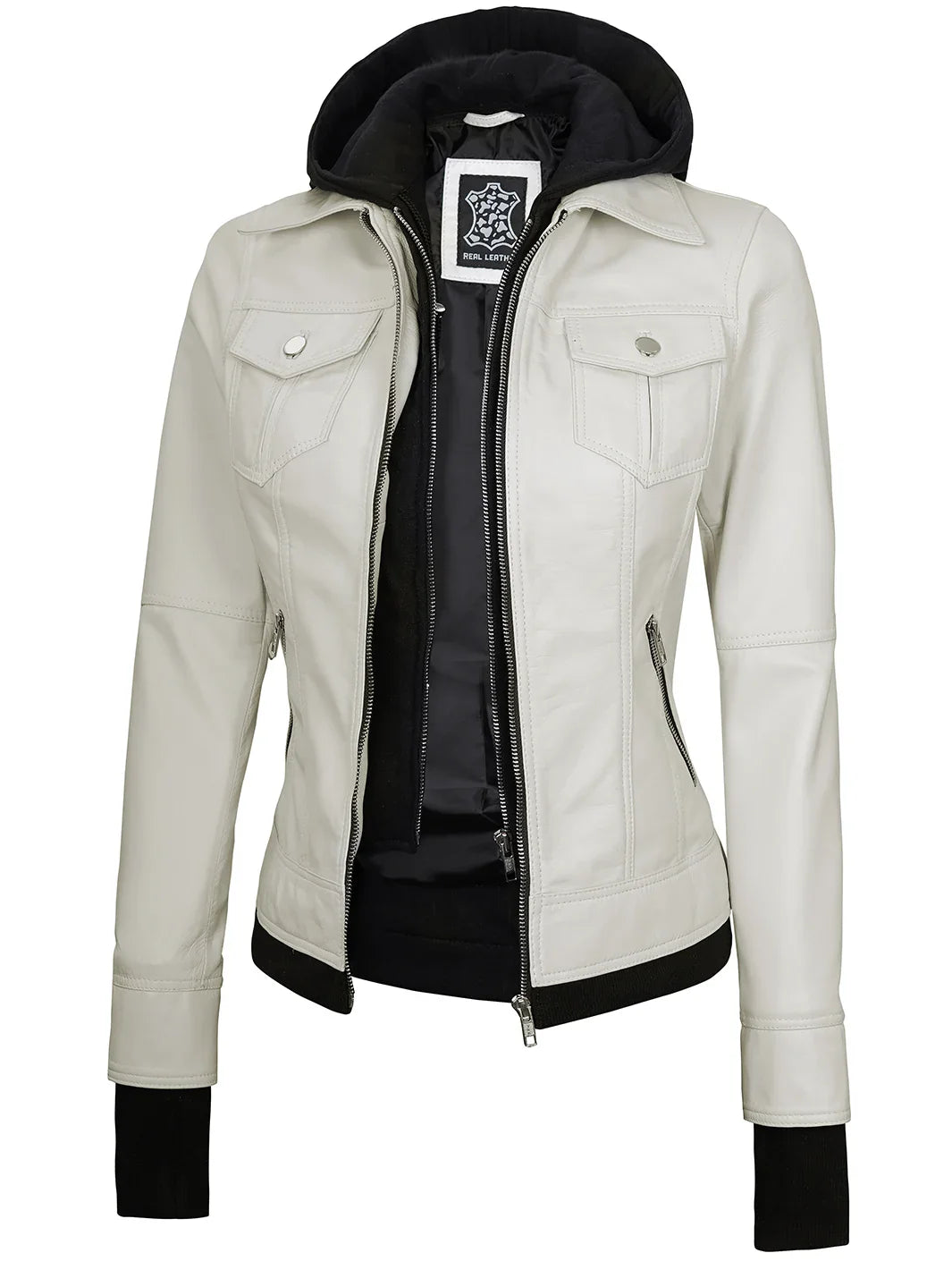 Blouson cuir femme avec capuche
