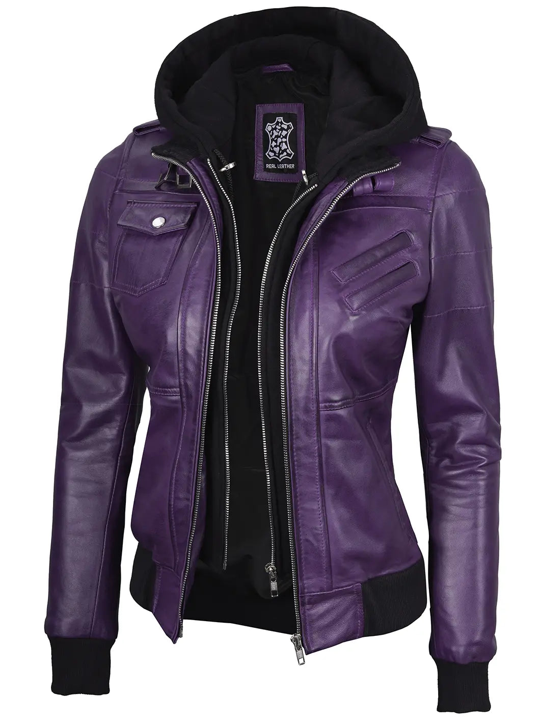 Veste en cuir à capuche violette pour femme