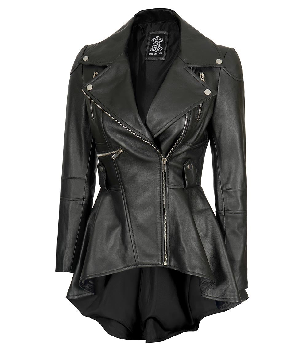 Veste en cuir motard asymétrique noire pour femme