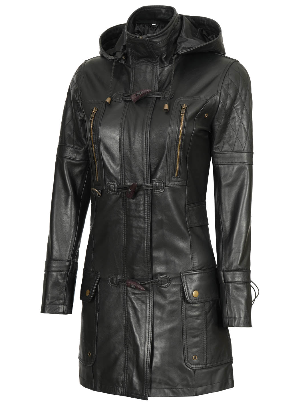 Manteau en cuir noir avec capuche pour femme