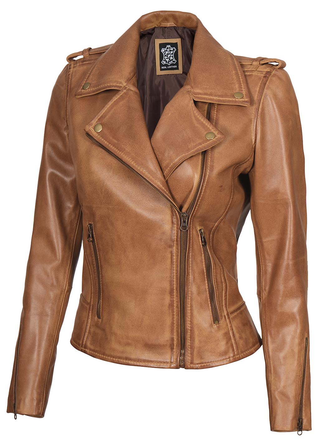 Kirsten Veste asymétrique en cuir marron chameau pour femme