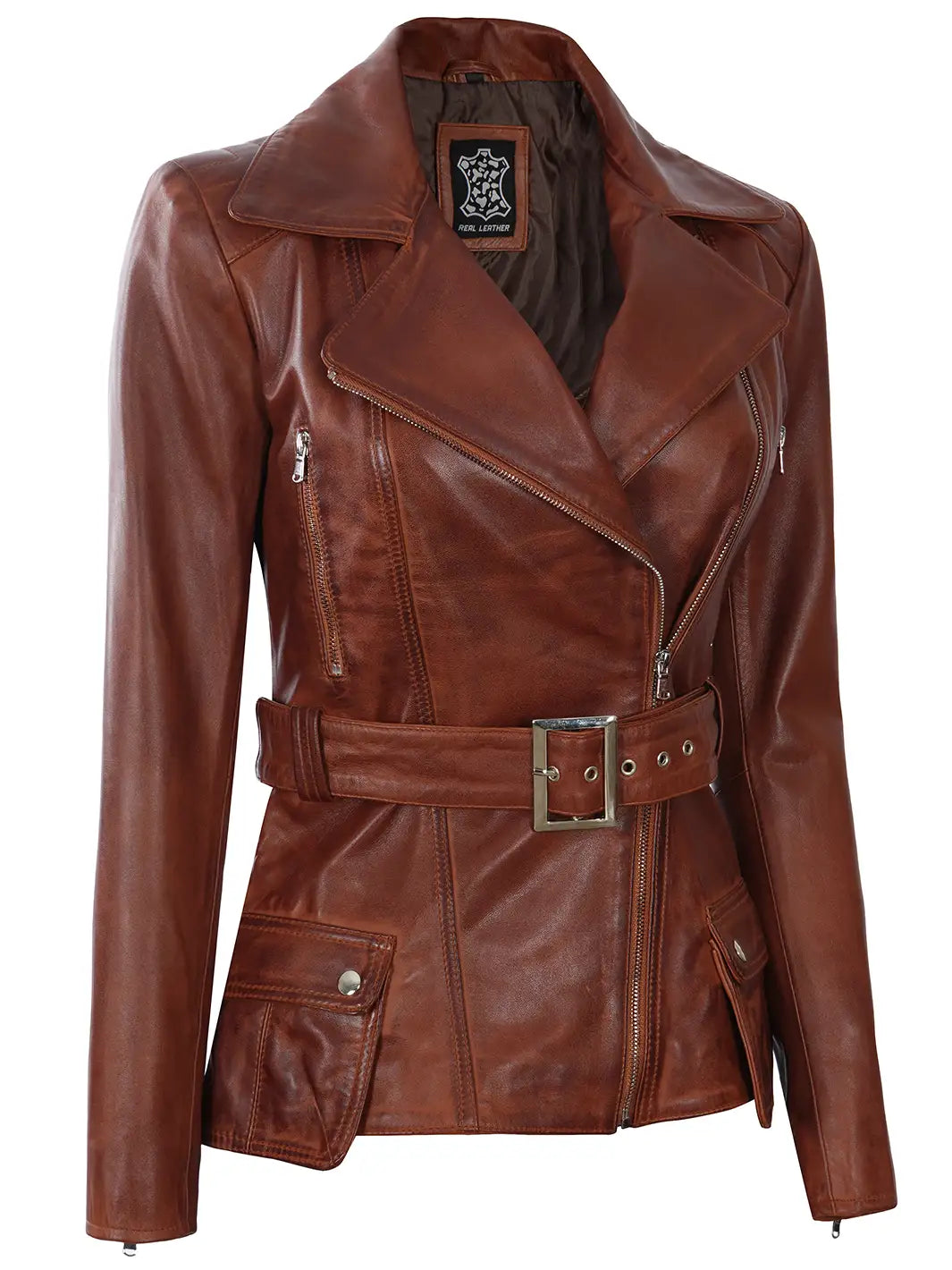 Veste cuir marron cognac femme