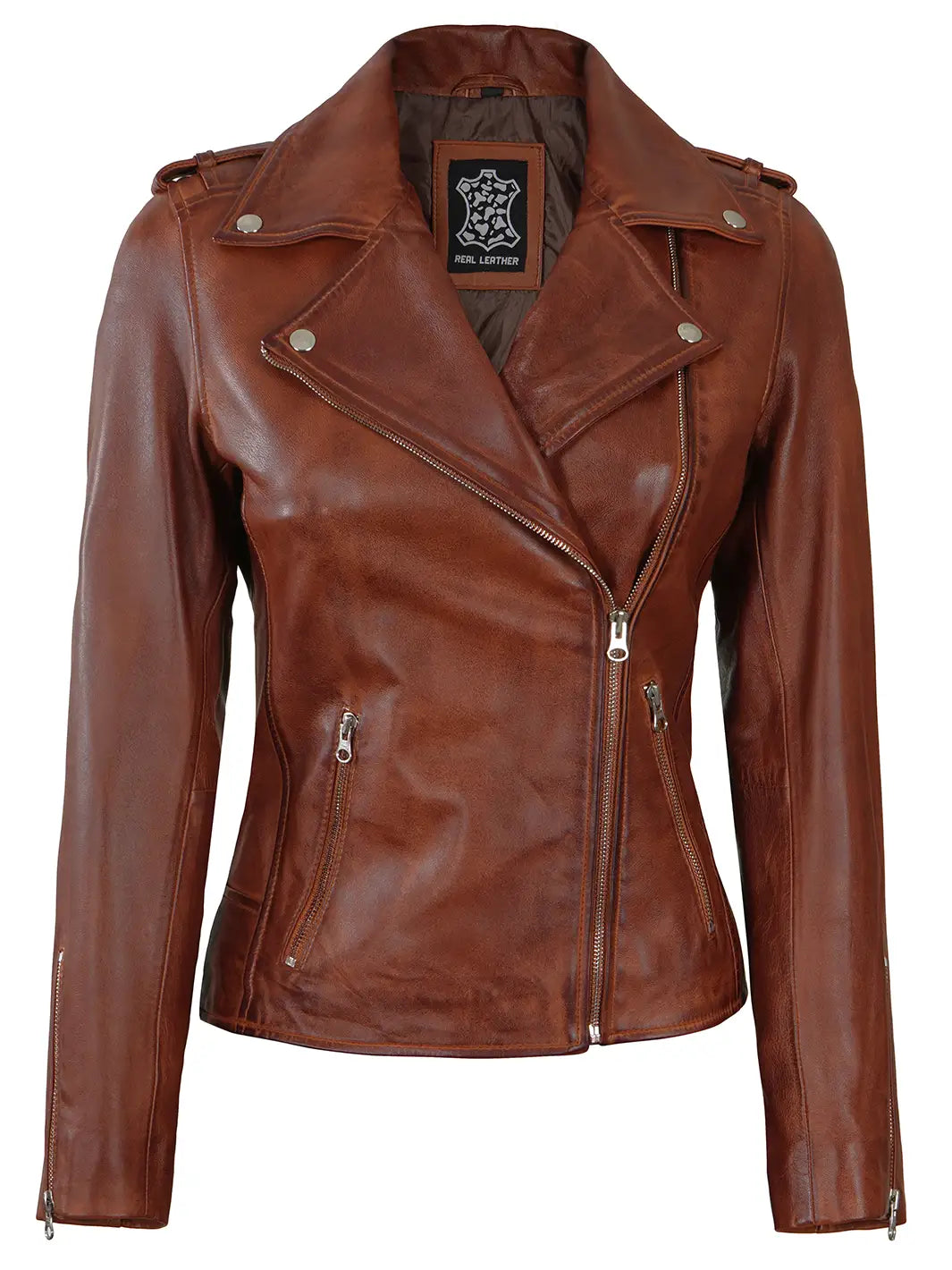Blouson biker cuir cognac femme