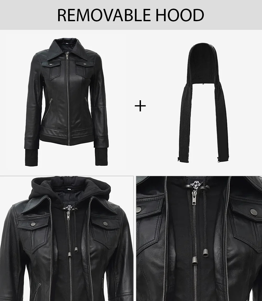 Tralee Schwarze Motorradjacke Lederjacke Damen mit Kapuze
