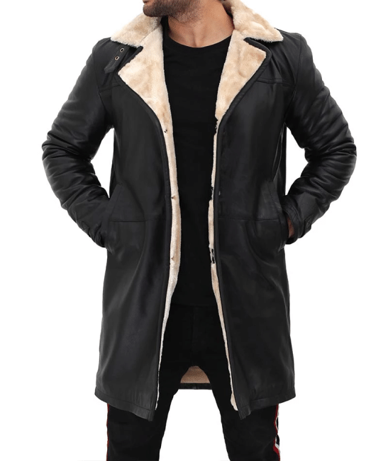 Manteau en peau de mouton noir en cuir véritable pour hommes