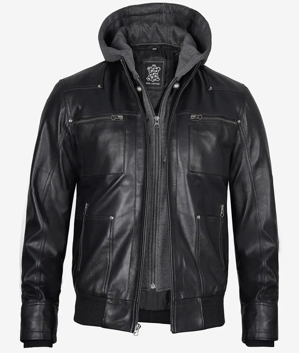 blouson aviateur en cuir noir avec capuche homme
