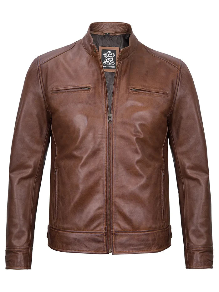 Dodge Herren Cognacbraune Lederjacke