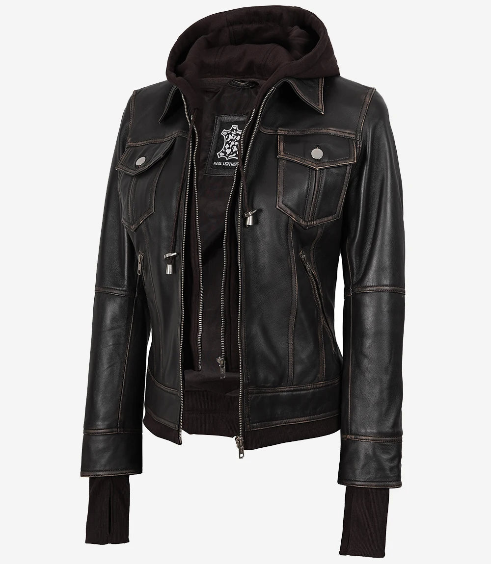 Veste en cuir à capuche