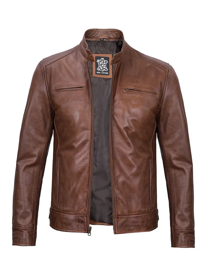 Dodge Herren Cognacbraune Lederjacke