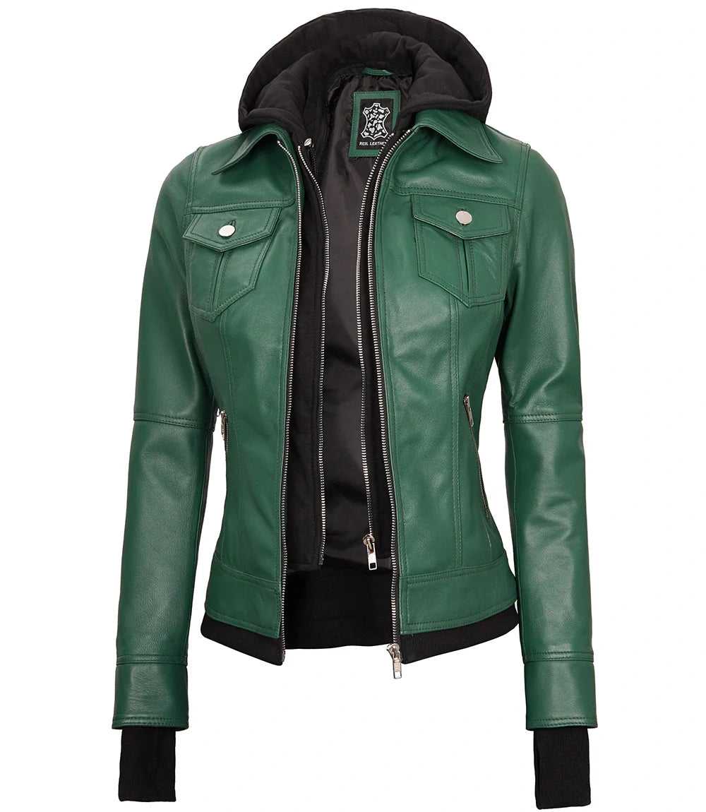 veste en cuir à capuche verte femme